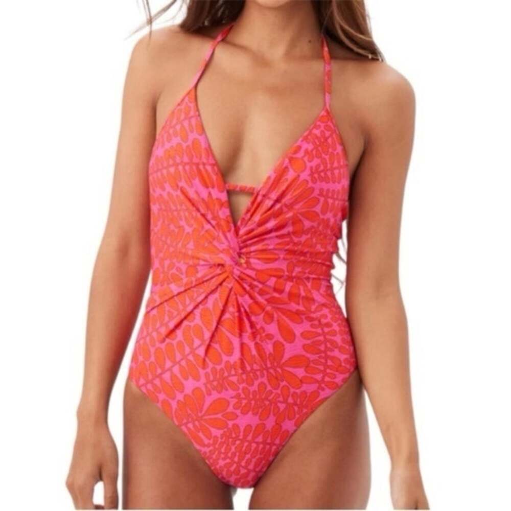 Trina Turk Trellis Twist One Piece Swimsuit Pink Orange Halter Tie Women 6